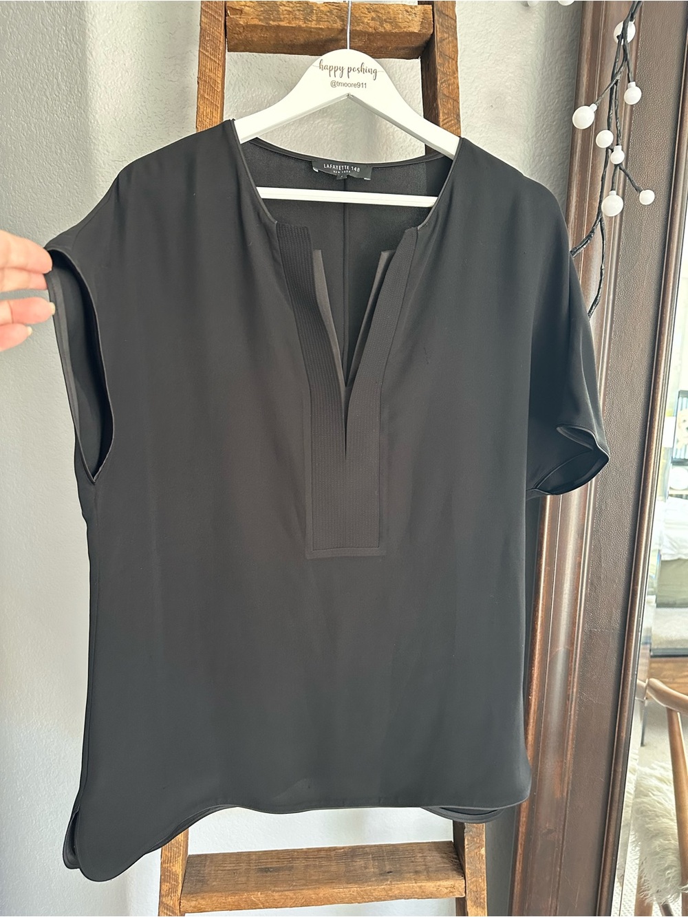Lafayette 148 New York Black Split V-Neck Short Sleeve Blouse, size large